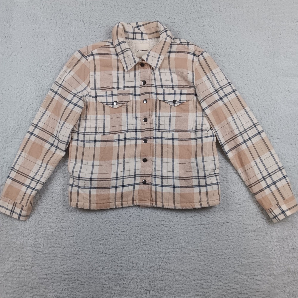 Lucky Brand Shacket Plaid Women M Beige‎ Sherpa Lined Snap Front Jacket
